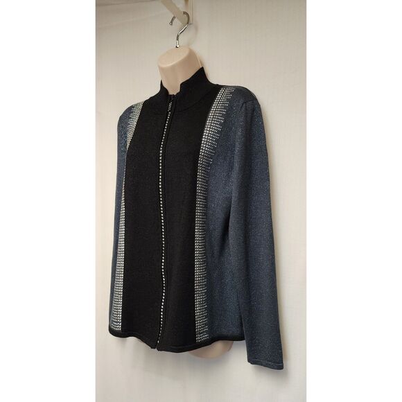Fontana Black Ribbed Shimmer Jeweled Zip Up Sweater Size Medium - Picture 3 of 5